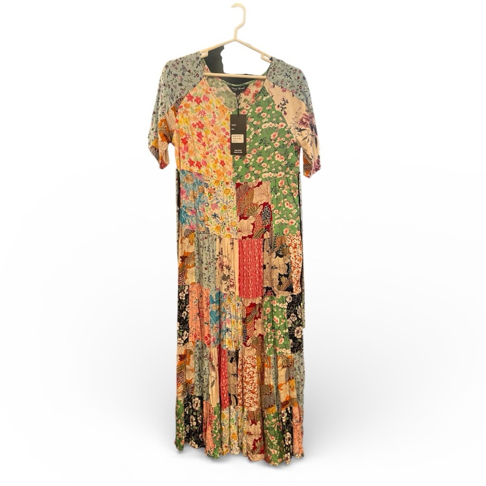 YOUNG THREADS Boho Multicolor Floral Patchwork Flowing Tiered Maxi Dress, M - Picture 7 of 8